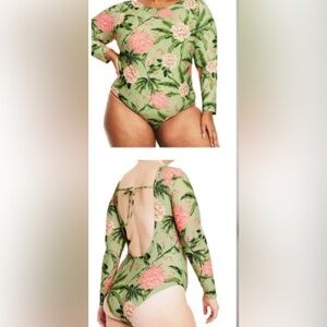 Agua Bendita Floral Long Sleeve Swim Bodysuit - Sage Green & Coral